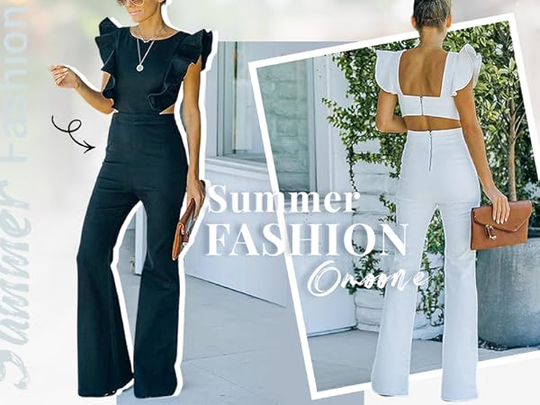 Women''s Jean Dressy Rompers Summer Ruffle Cap Sleeve Button Up Belted Denim Jumpsuits with Pockets 