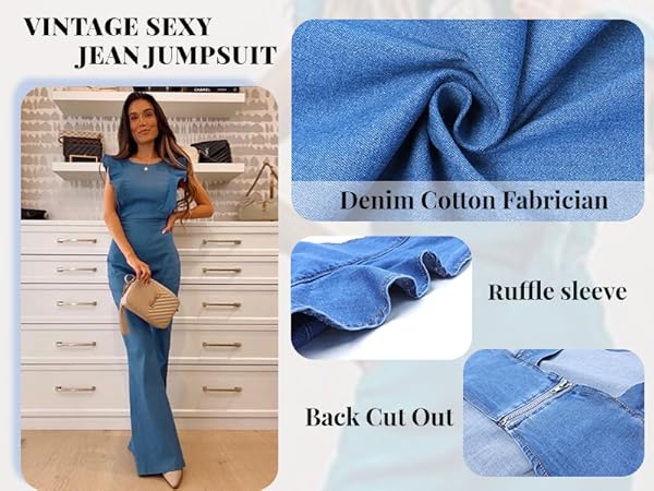 Women''s Jean Dressy Rompers Summer Ruffle Cap Sleeve Button Up Belted Denim Jumpsuits with Pockets 