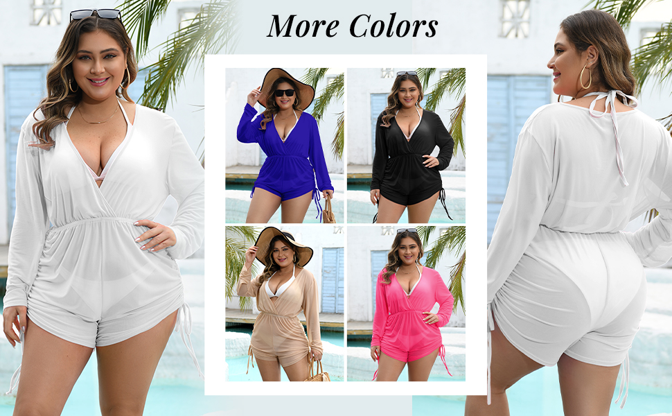 Plus Size Swimsuit Mesh Cover Up Romper Deep V Neck Long Sleeve Coverup