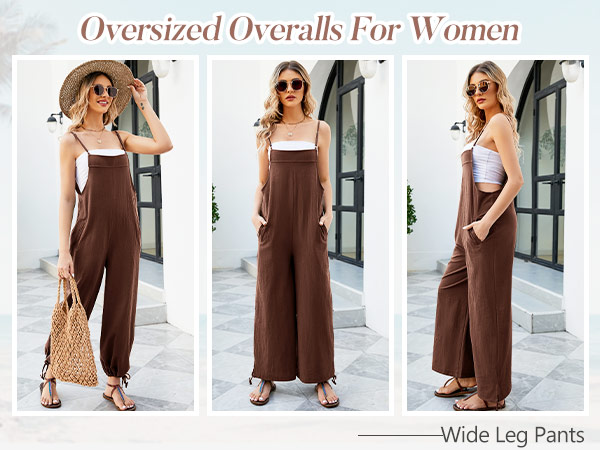 loose wide leg pants linen cotton jumpsuit with pockets casual sleeveless baggy overalls jumpers 