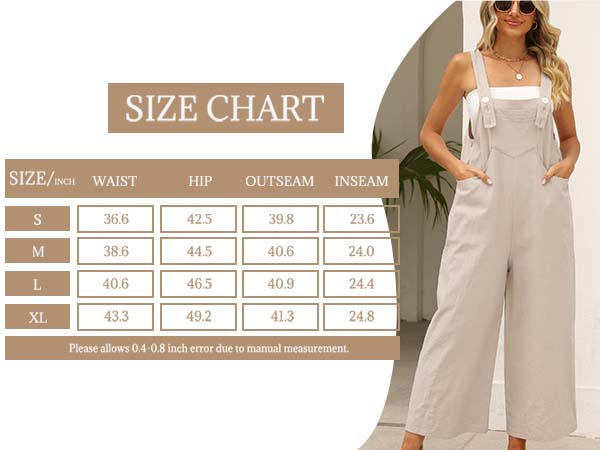 Womens Cotton Linen Bib Overalls Sleeveless Adjustable Straps Baggy Wide Leg Jumpsuit