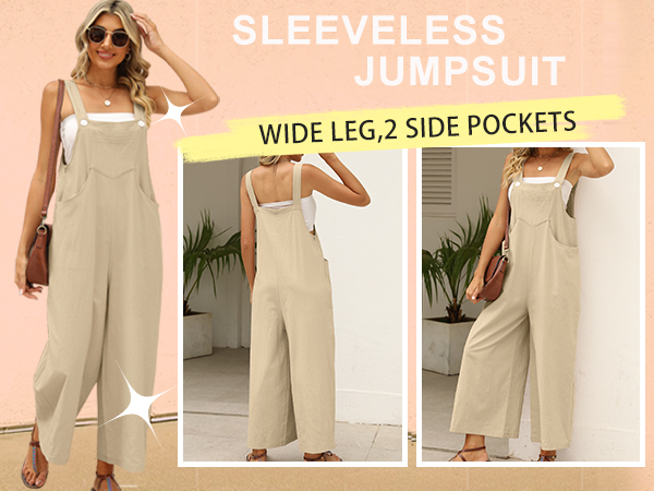 Women''s Cotton Linen Bib Overalls Sleeveless Adjustable Straps Baggy Wide Leg Jumpsuit