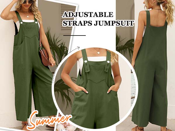 Women''s Cotton Linen Bib Overalls Sleeveless Adjustable Straps Baggy Wide Leg Jumpsuit