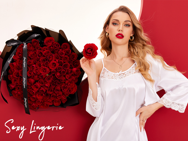 Valentine''s Day Satin Robe with Lace Nighties for Women