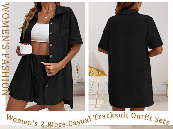 Women''s 2 Piece Outfits Blouse Shirt High Waisted Shorts Set