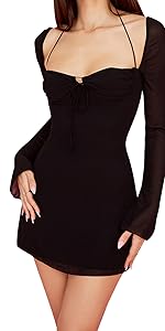 Long Puff Sleeve Body con Mesh Short Dress Split Hem Party Club wear Outfits Black