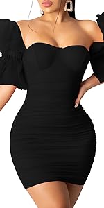 sleeve black dresses for women ## ruffle mesh sleeve dress ## off the shoulder midi dresses