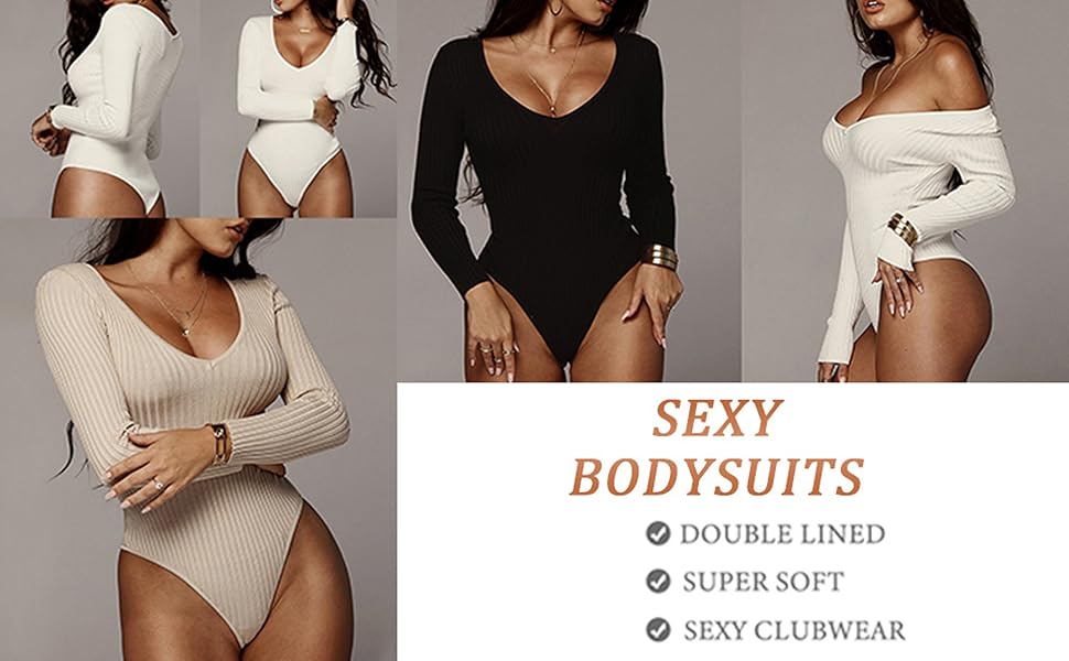 Women Jumpsuits Deep V Neck Long Sleeve Bodycon Stretch Jumpsuit Leotard Bodysuit Tops