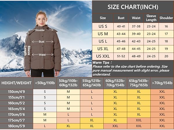 size chart of women jacket