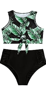 2 Piece Graphic Print Knot Front Swimsuit High Neck Push Up High Waist Bathing Suit Tankini Set