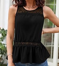 Womens Tank Tops Peplum Lace Trim Dressy Sleeveless Shirts Crew Neck Casual Summer Trendy Vest Tunic