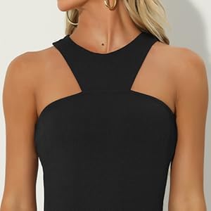 Allegra K Sleeveless Sexy Bodysuit for Women''s Asymmetrical Halter Neck Tank Top