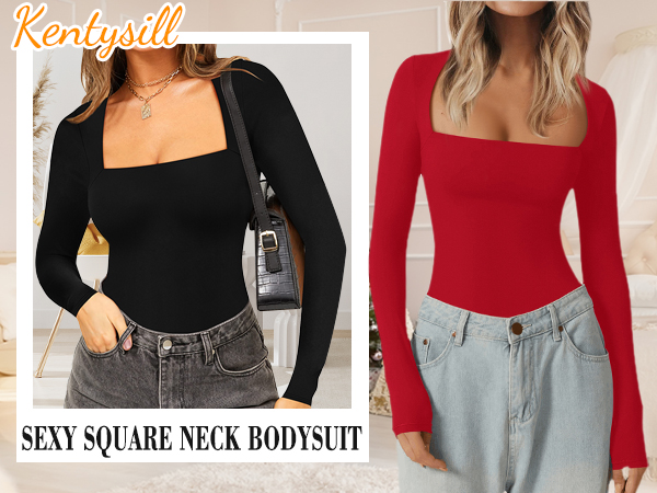 Sweetheart Neck Long Sleeve Bodysuit Double Lined Basic Bodysuit Tops