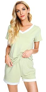 Bamboo Cotton Pajamas Set V-Neck Loungewear Short Sleeves Top 