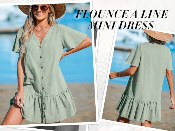 sage green v neck button dress short sleeve ruffled summer dress