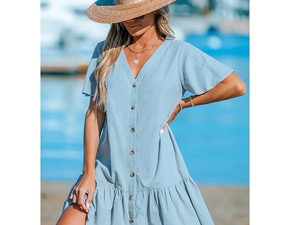 sky blue short dress button mini dress