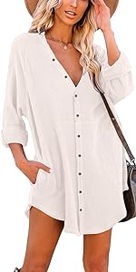 Casual Button Down Dresses Shirt Oversized Tunic Dress with Pocket