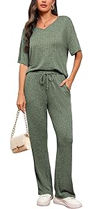 Ribbed Knit Lounge Sets Two Piece Short Sleeve V Neck Sweater