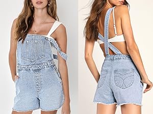 Trendy Sleeveless Onesie Denim Shortalls Women Retro Frayed Raw Empire Waist Short Jumpsuit Rompers