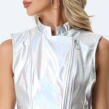 Allegra K Shiny Metal for Women''s Stand Collar Sleeveless Zipper Vest