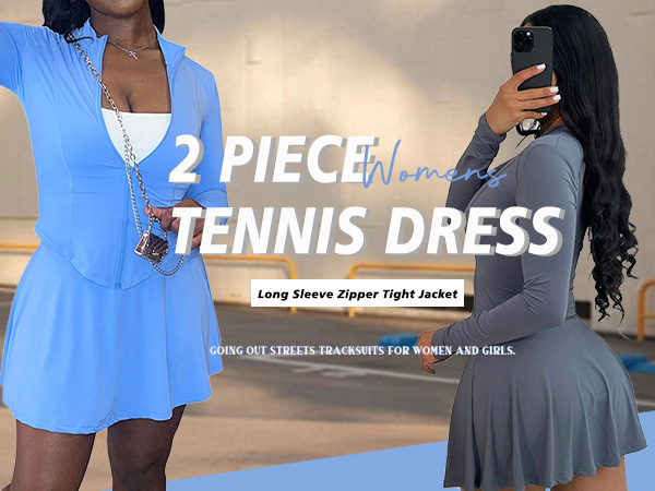 Molilove 2 Piece Tennis Dress for Women Long Sleeve Zipper Tight Jacket Mini Skirt with Shorts 