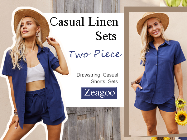 Zeagoo Women''s 2 Piece Cotton and Linen Blouse and Short Sets