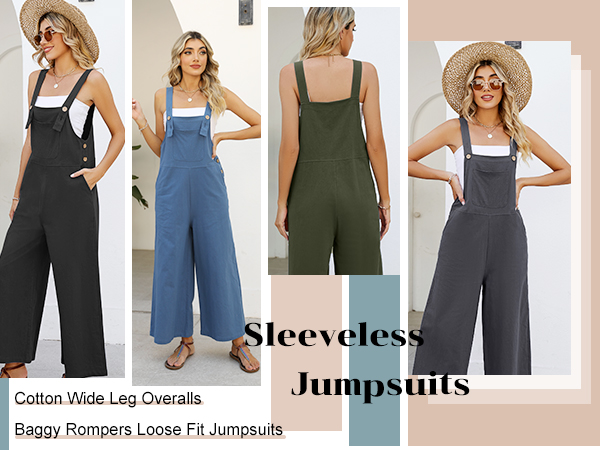 Womens Bib Overalls Adjustable Strap Drawstring Cotton Linen Jumpsuits