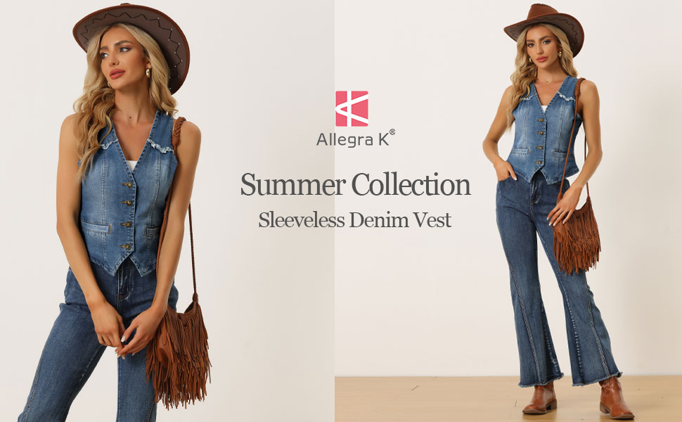 Allegra K Denim Vest for Women''s Sleeveless Collarless Washed Distressed Jean Jacket