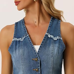 Allegra K Denim Vest for Women''s Sleeveless Collarless Washed Distressed Jean Jacket