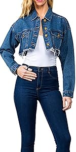 High Crop Frayed Hem Distressed Cotton Denim Jackets Outwear