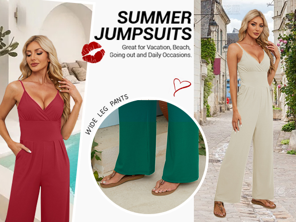 Wide Leg Jumpsuits Spaghetti Straps Rompers Sleeveless V Neck with Pockets