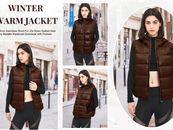 Women''s Hooded Shiny Insulated Puffer Vest