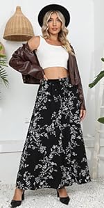 Women Flowy Maxi Skirt Summer Pleated High Waisted Casual Long Skirts with Pockets