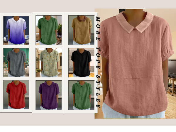 Shirts for Women Linen Short Sleeve Lapel Crew Neck