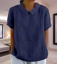 Shirts for Women Linen Short Sleeve Lapel Crew Neck