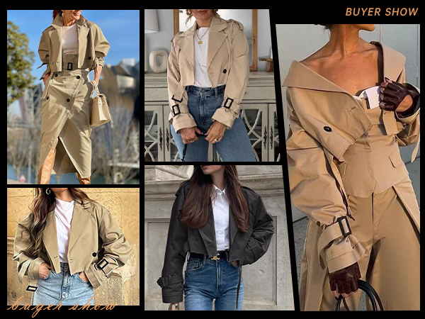 cropped trench coat fashion 2023 classic lapel overcoat with belt oversized outerwear top