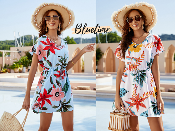 Women Loose Casual Bathing Suit Cover ups Floral Print Swing Beach Dress