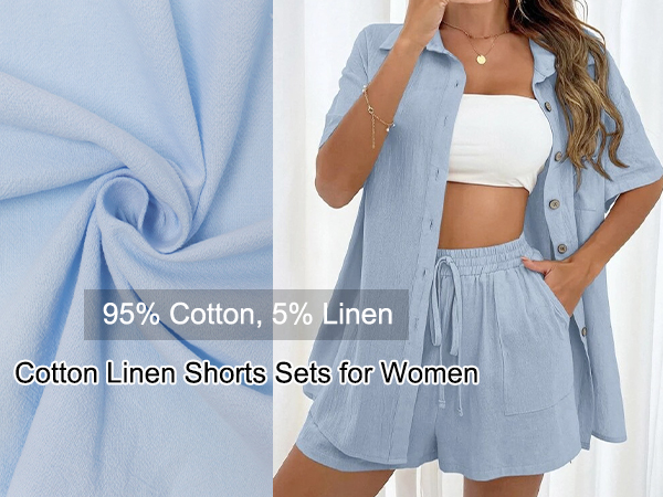 Women 2 Piece Outfits Cotton Linen Set for Summer Two Piece Shirt& Shorts Tracksuit Lounge Set