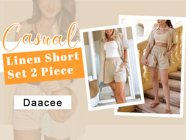 Women''s Linen Shorts Sets 2 Piece Summer Top and Shorts Sweatsuit Set Vacation Beach Outfits 