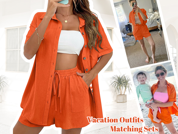 Women Summer Cotton Linen Short Sets 2 Piece Shorts Top Lounge Beach Vacation Outfits Tracksuits