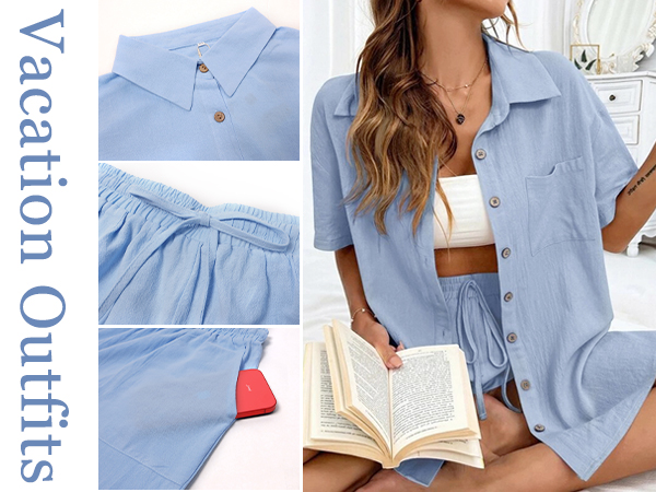 Women''s Casual 2 Piece Outfits Cotton Linen Button Down Shirt Top Paper Bag Shorts Sets Tracksuit 