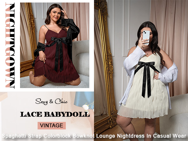 Women Plus Size Lingerie Lace Babydoll Vintage Nightgown ColorBlock Nightwear Sleepwear Night Dress