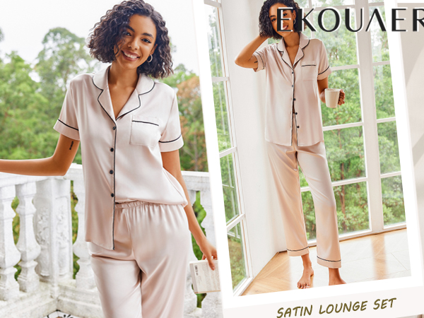 Womens Silk Pajama Set Button Shirts and Pant Short Sleeve Pjs at Home