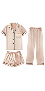 Womens 3pcs Silk Satin Pajamas Set Button Down Sleepwear Short Sleeve Top Shorts Pjs Set Loungewear