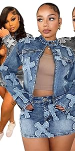 Jean Jacket skirt Sets Women 2 Piece Outfits ladies junior teen girl Summer spring fall autumn.