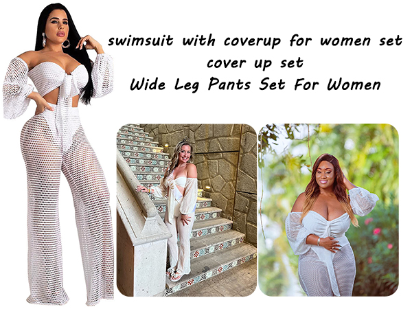 Off Shoulder 3 Piece Swimsuit Cover Ups Crochet Mesh Stretchy Long Straight Pants with Bandage