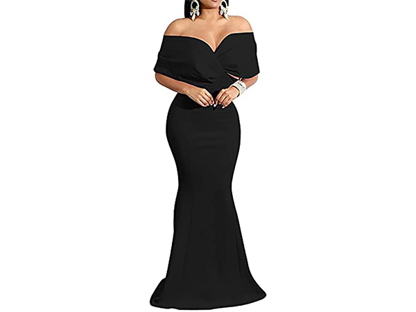 Off Shoulder Dress for Women Sexy V-Neck Short Sleeve Bodycon Floor Length Cocktail Clubwear Party