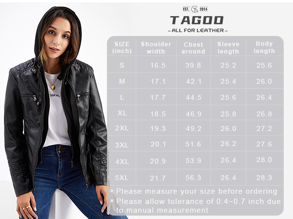 tagoo leather jacket size chart