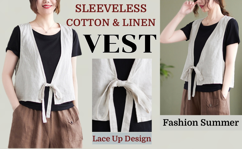 Sleeveless Lace Up Vest Casual V Neck Cotton Linen Blazer Jacket  for Women