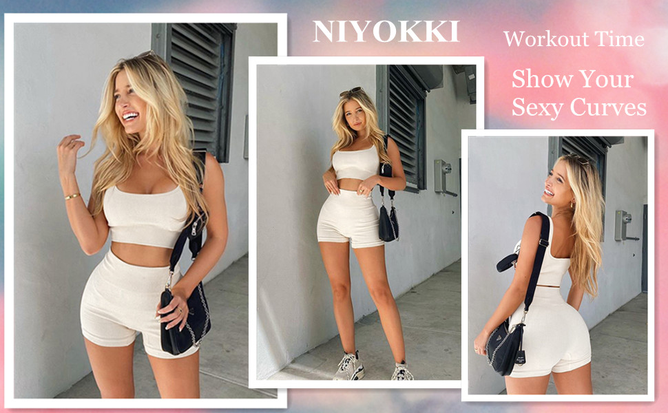 Niyokki Cute Summer Crop Top and High Waist Leggings Matching Workout Set